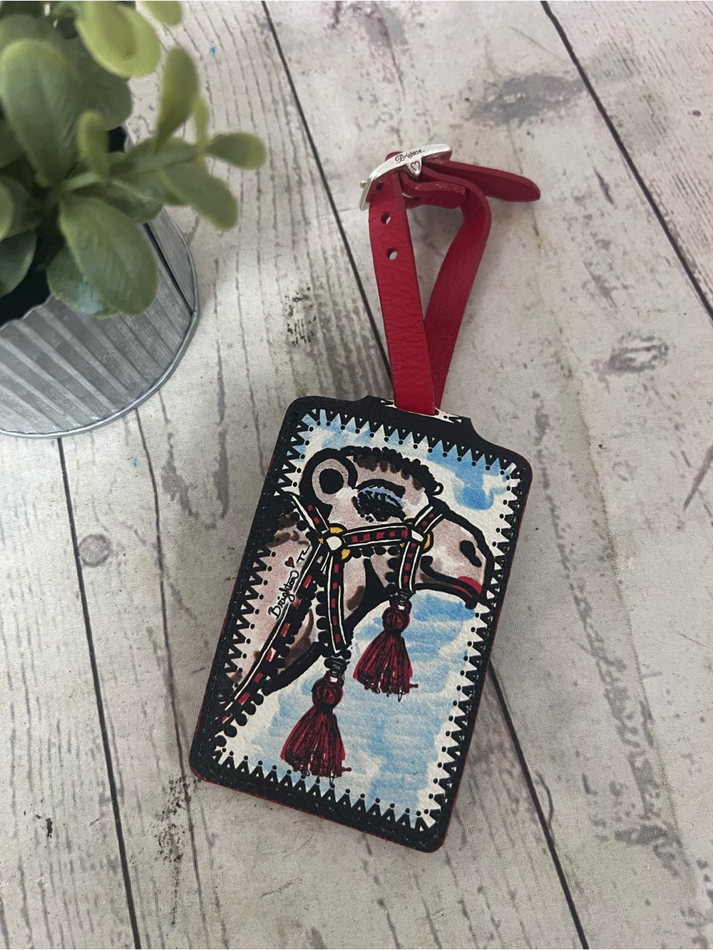 Brighton Caravan Camel Leather Luggage Tag Red Tassels Bag Charm Travel ID